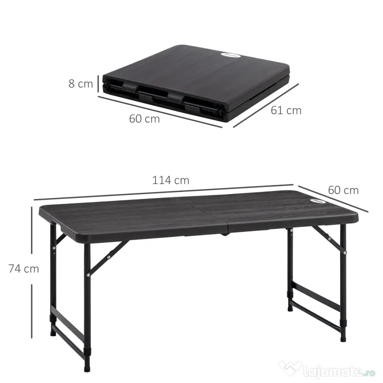 Outsunny Masa pliabila pentru gradina pentru 4 persoane, Masa dreptunghiulara de exterior cu inaltime reglabila, gri inchis | Aosom Romania
