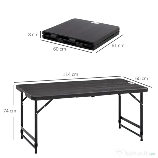 Outsunny Masa pliabila pentru gradina pentru 4 persoane, Masa dreptunghiulara de exterior cu inaltime reglabila, gri inchis | Aosom Romania