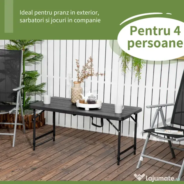 Outsunny Masa pliabila pentru gradina pentru 4 persoane, Masa dreptunghiulara de exterior cu inaltime reglabila, gri inchis | Aosom Romania