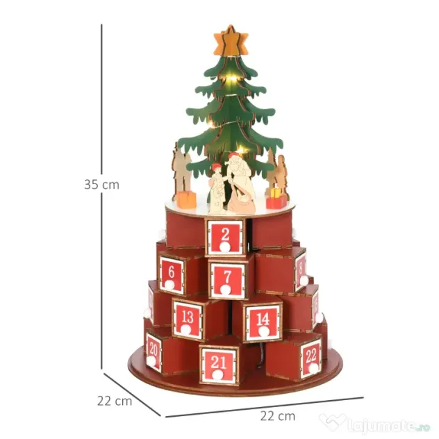 HOMCOM Calendar Advent de Craciun din lemn, cu lumini LED, pentru copii si adulti, rosu si verde