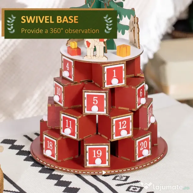 HOMCOM Calendar Advent de Craciun din lemn, cu lumini LED, pentru copii si adulti, rosu si verde