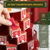 HOMCOM Calendar Advent de Craciun din lemn, cu lumini LED, pentru copii si adulti, rosu si verde
