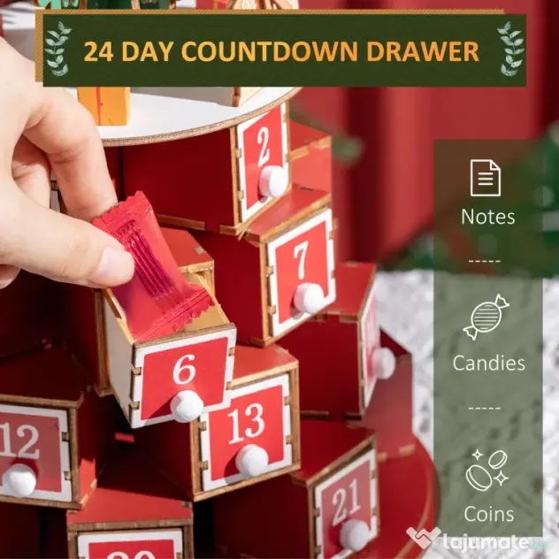 HOMCOM Calendar Advent de Craciun din lemn, cu lumini LED, pentru copii si adulti, rosu si verde