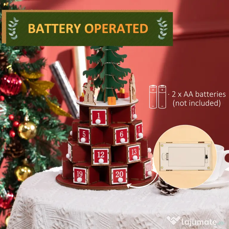 HOMCOM Calendar Advent de Craciun din lemn, cu lumini LED, pentru copii si adulti, rosu si verde