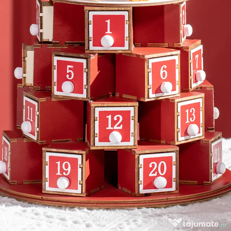 HOMCOM Calendar Advent de Craciun din lemn, cu lumini LED, pentru copii si adulti, rosu si verde