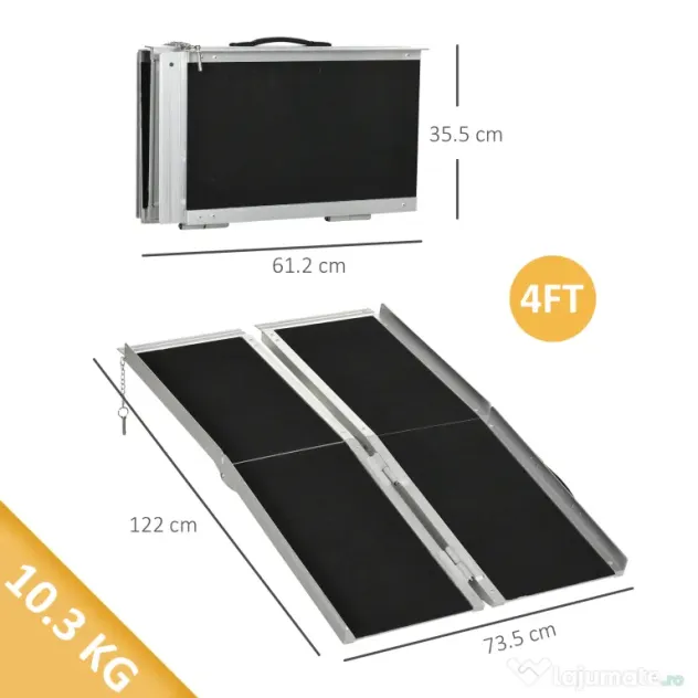 HOMCOM Rampă pliabilă pentru scaun cu rotile, din aluminiu, cu acoperire antiderapantă și margini, 122x73.5 cm, Negru | Aosom Romania