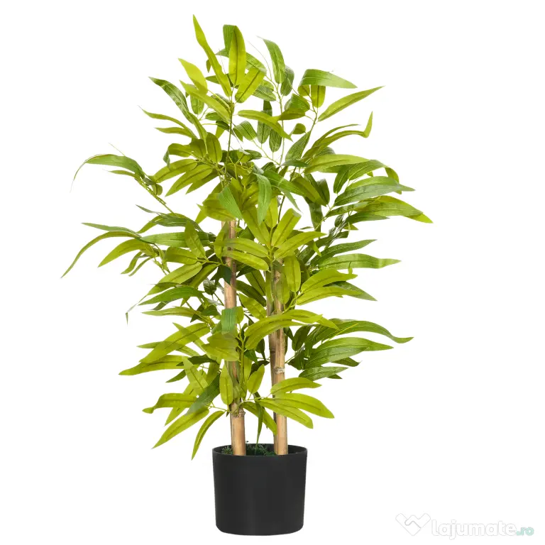 HOMCOM Plantă Artificială de Bambus, Înălțime 60 cm, din Poliester și PP, Verde, cu Vas de Ciment Ø15x12.5 cm | Aosom Romania