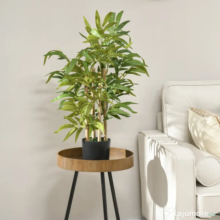 HOMCOM Plantă Artificială de Bambus, Înălțime 60 cm, din Poliester și PP, Verde, cu Vas de Ciment Ø15x12.5 cm | Aosom Romania