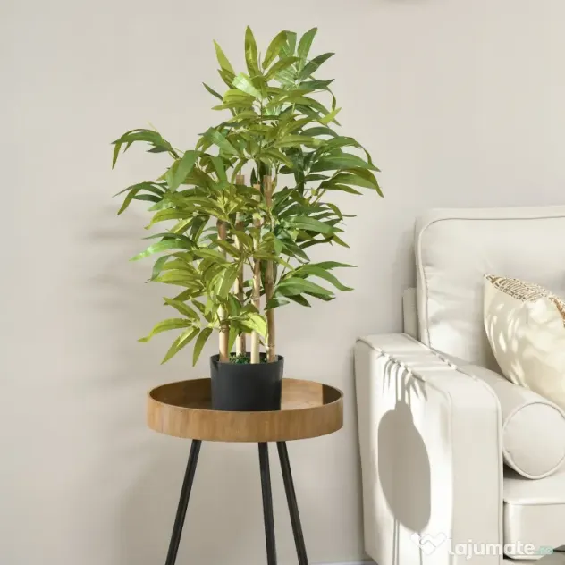 HOMCOM Plantă Artificială de Bambus, Înălțime 60 cm, din Poliester și PP, Verde, cu Vas de Ciment Ø15x12.5 cm | Aosom Romania