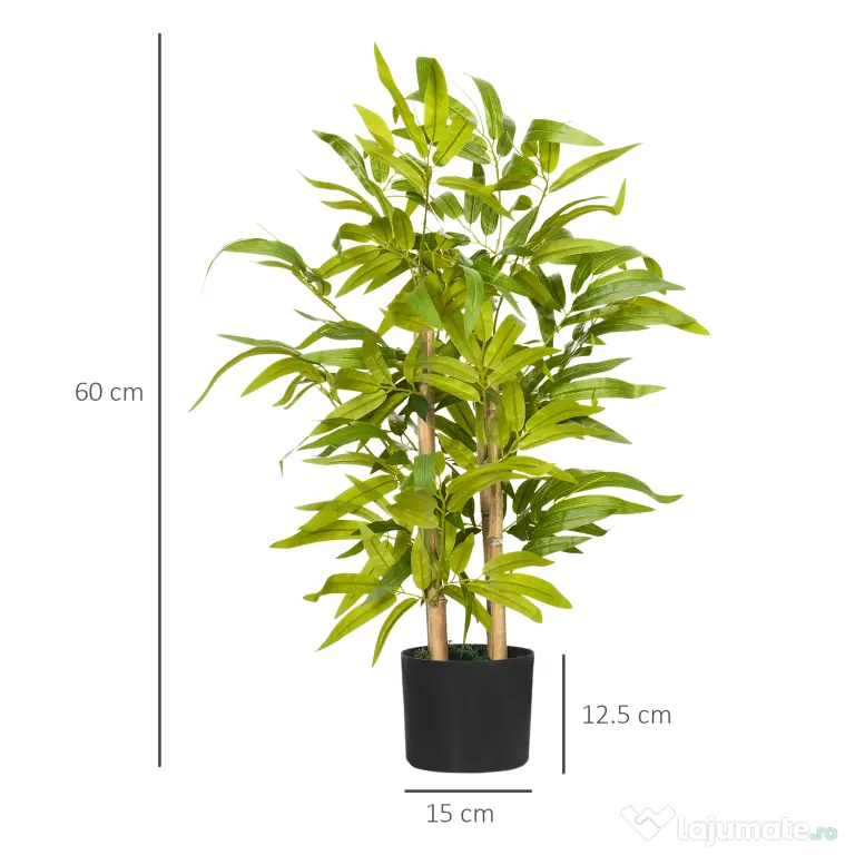 HOMCOM Plantă Artificială de Bambus, Înălțime 60 cm, din Poliester și PP, Verde, cu Vas de Ciment Ø15x12.5 cm | Aosom Romania