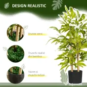 HOMCOM Plantă Artificială de Bambus, Înălțime 60 cm, din Poliester și PP, Verde, cu Vas de Ciment Ø15x12.5 cm | Aosom Romania
