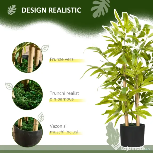 HOMCOM Plantă Artificială de Bambus, Înălțime 60 cm, din Poliester și PP, Verde, cu Vas de Ciment Ø15x12.5 cm | Aosom Romania