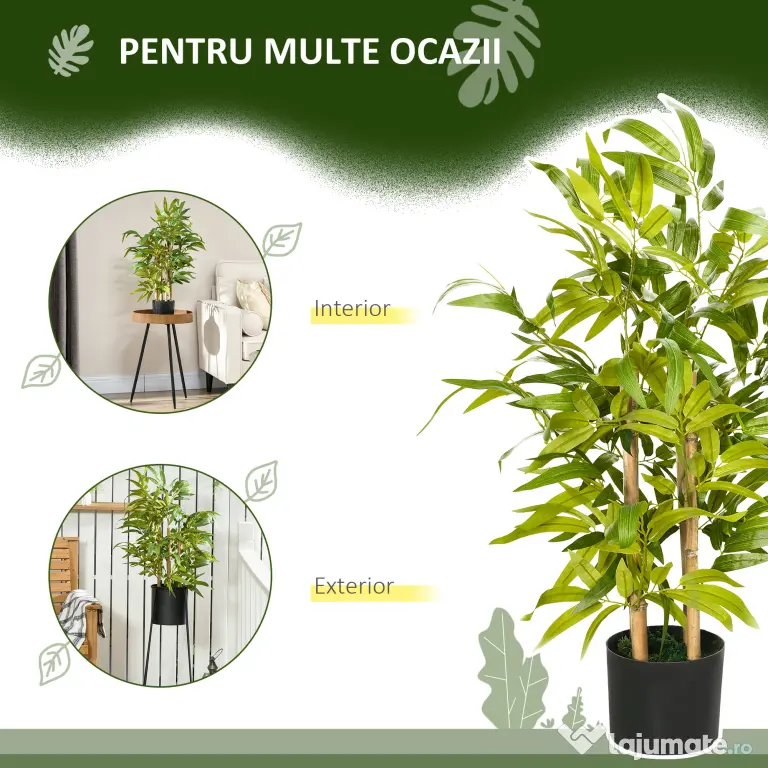 HOMCOM Plantă Artificială de Bambus, Înălțime 60 cm, din Poliester și PP, Verde, cu Vas de Ciment Ø15x12.5 cm | Aosom Romania