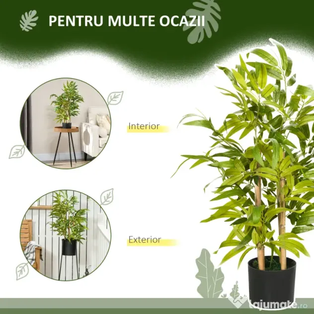 HOMCOM Plantă Artificială de Bambus, Înălțime 60 cm, din Poliester și PP, Verde, cu Vas de Ciment Ø15x12.5 cm | Aosom Romania