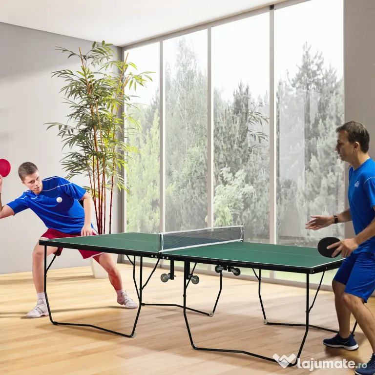 SPORTNOW Masă de Tenis de Masă Pliabilă, 9FT, cu 8 Roți, pentru Interior, Verde | Aosom Romania