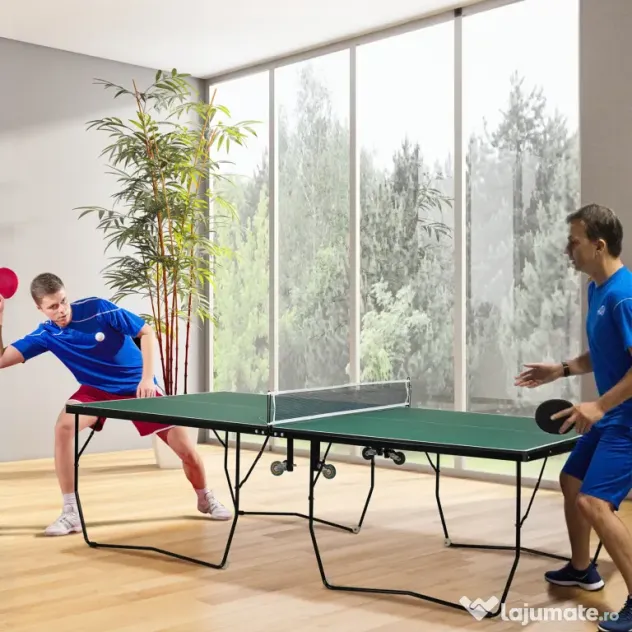 SPORTNOW Masă de Tenis de Masă Pliabilă, 9FT, cu 8 Roți, pentru Interior, Verde | Aosom Romania