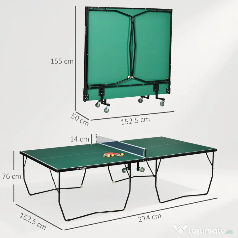 SPORTNOW Masă de Tenis de Masă Pliabilă, 9FT, cu 8 Roți, pentru Interior, Verde | Aosom Romania