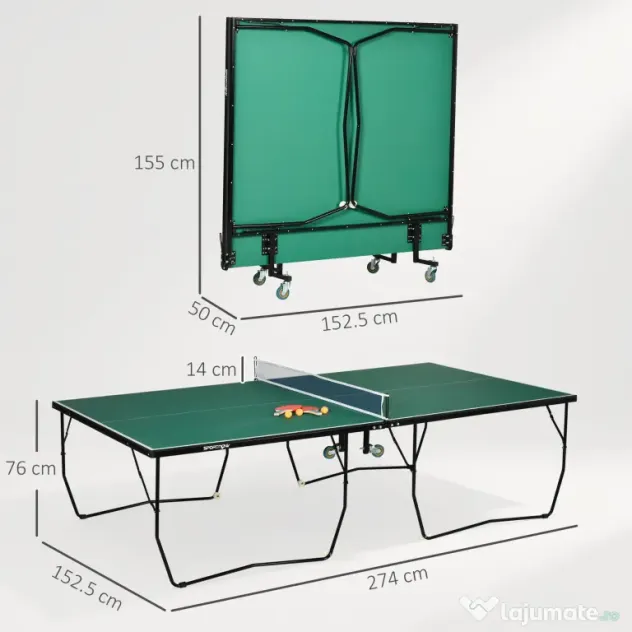 SPORTNOW Masă de Tenis de Masă Pliabilă, 9FT, cu 8 Roți, pentru Interior, Verde | Aosom Romania