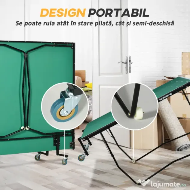 SPORTNOW Masă de Tenis de Masă Pliabilă, 9FT, cu 8 Roți, pentru Interior, Verde | Aosom Romania