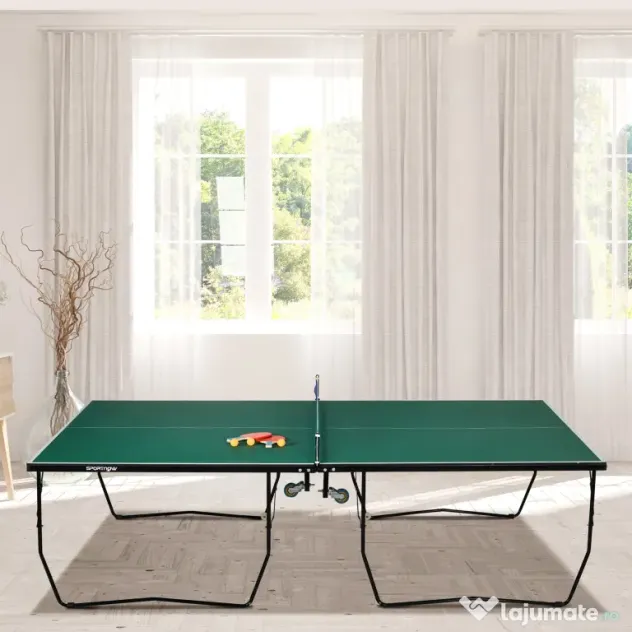 SPORTNOW Masă de Tenis de Masă Pliabilă, 9FT, cu 8 Roți, pentru Interior, Verde | Aosom Romania