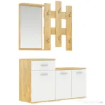 HOMCOM Set pentru Intrare 3 in 1 cu Cuier de Perete, Oglinda si Suport pentru Pantofi cu Banca din Lemn, Culoare Lemn natur si Alb