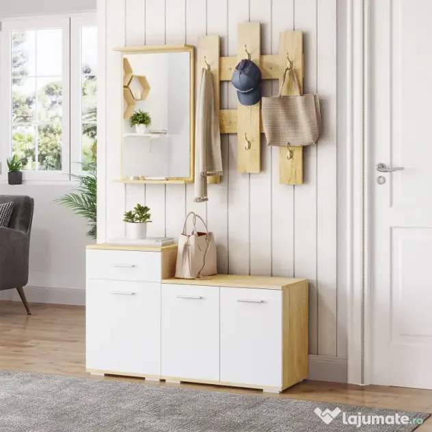 Set pentru Intrare 3 in 1 cu Cuier de Perete HOMCOM, Oglinda si Suport pentru Pantofi cu Banca din Lemn, Culoare Lemn natur si Alb | Aosom Romania