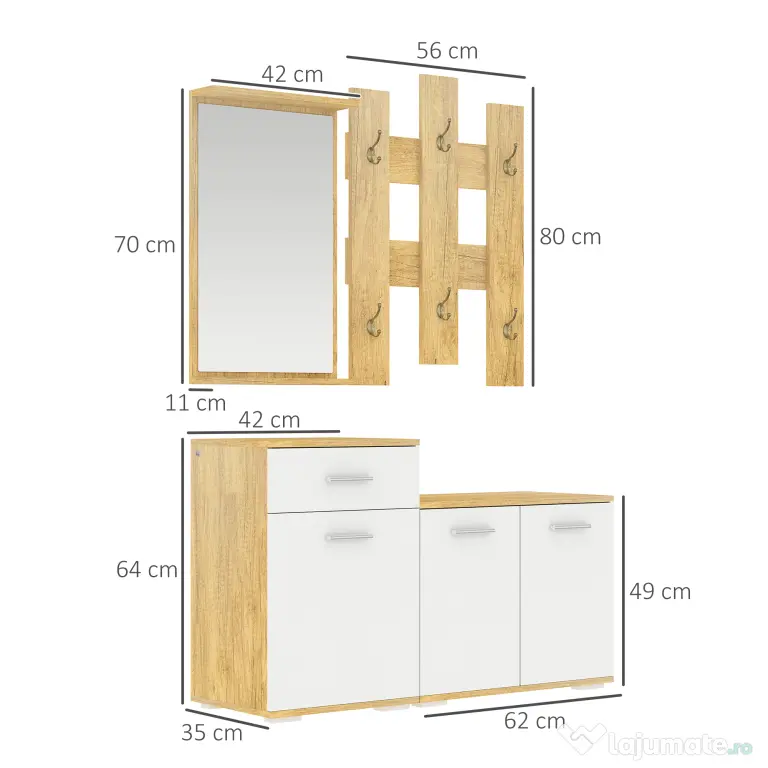 Set pentru Intrare 3 in 1 cu Cuier de Perete HOMCOM, Oglinda si Suport pentru Pantofi cu Banca din Lemn, Culoare Lemn natur si Alb | Aosom Romania