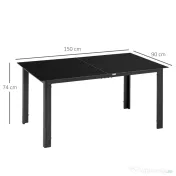 Outsunny Masă de Grădină cu Blat din Sticlă Securizată 150x90 cm pentru 6 Persoane, Masă de Luat Prânzul pentru Exterior, Dreptunghiulară, din Aluminiu, pentru Terasă, Balcon, Neagră