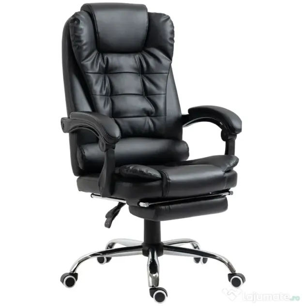 HOMCOM Scaun Birou din Piele Artificială Neagră Înălțime Reglabilă Spătar Rabatabil 64.5x69x127cm | Aosom Romania