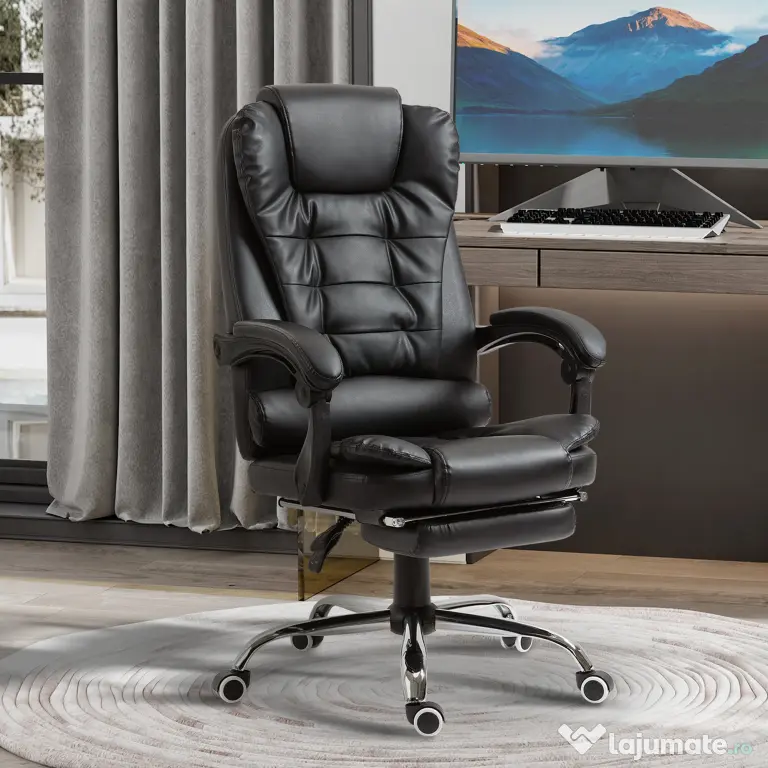 HOMCOM Scaun Birou din Piele Artificială Neagră Înălțime Reglabilă Spătar Rabatabil 64.5x69x127cm | Aosom Romania