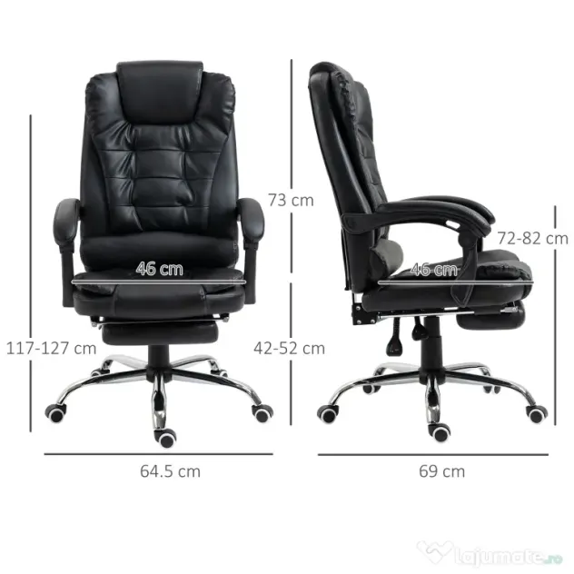 HOMCOM Scaun Birou din Piele Artificială Neagră Înălțime Reglabilă Spătar Rabatabil 64.5x69x127cm | Aosom Romania