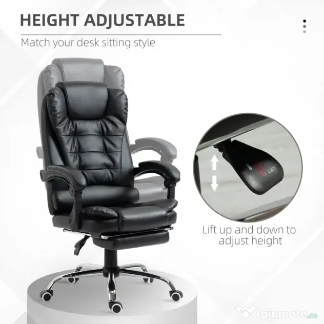 HOMCOM Scaun Birou din Piele Artificială Neagră Înălțime Reglabilă Spătar Rabatabil 64.5x69x127cm | Aosom Romania