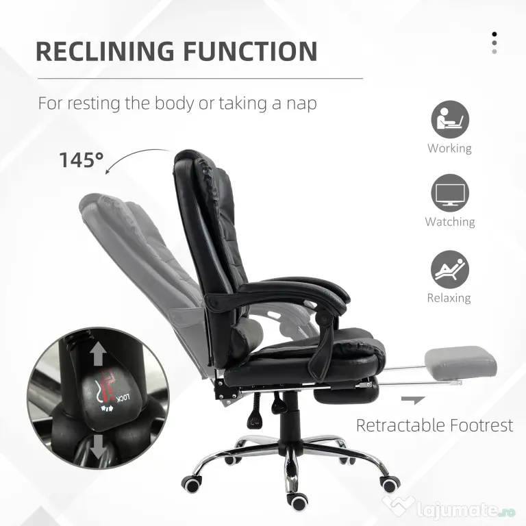 HOMCOM Scaun Birou din Piele Artificială Neagră Înălțime Reglabilă Spătar Rabatabil 64.5x69x127cm | Aosom Romania