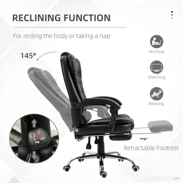 HOMCOM Scaun Birou din Piele Artificială Neagră Înălțime Reglabilă Spătar Rabatabil 64.5x69x127cm | Aosom Romania