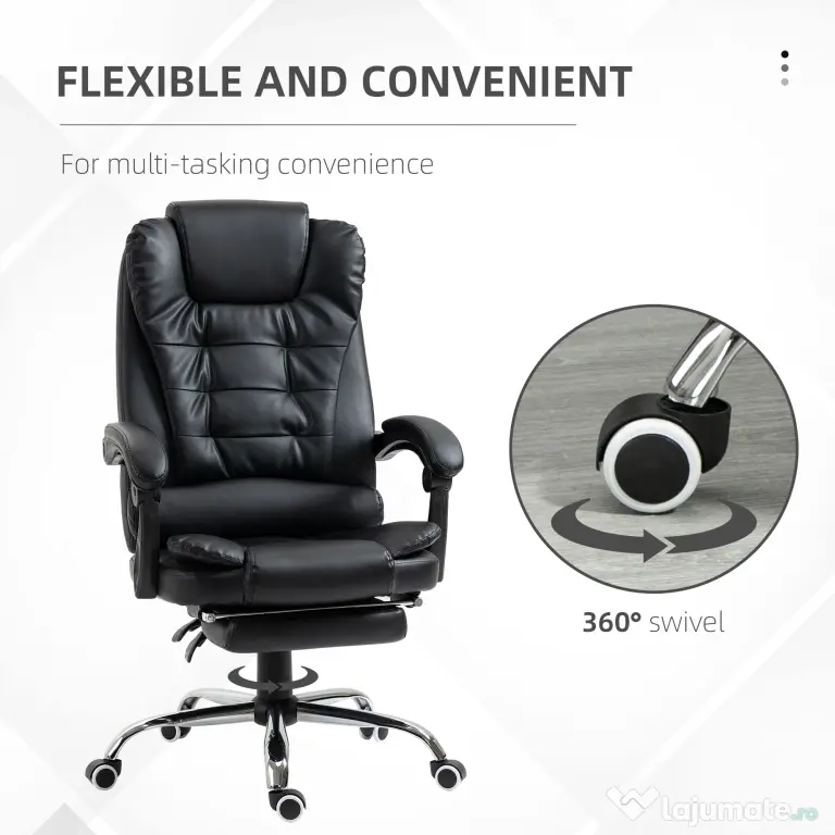 HOMCOM Scaun Birou din Piele Artificială Neagră Înălțime Reglabilă Spătar Rabatabil 64.5x69x127cm | Aosom Romania