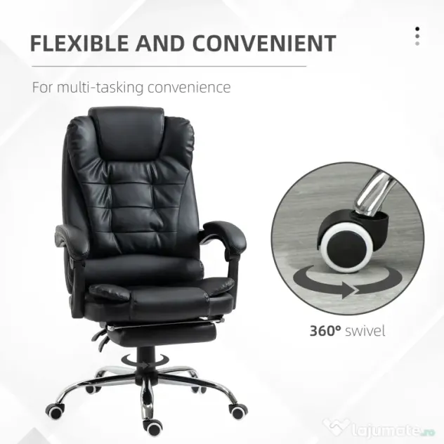HOMCOM Scaun Birou din Piele Artificială Neagră Înălțime Reglabilă Spătar Rabatabil 64.5x69x127cm | Aosom Romania