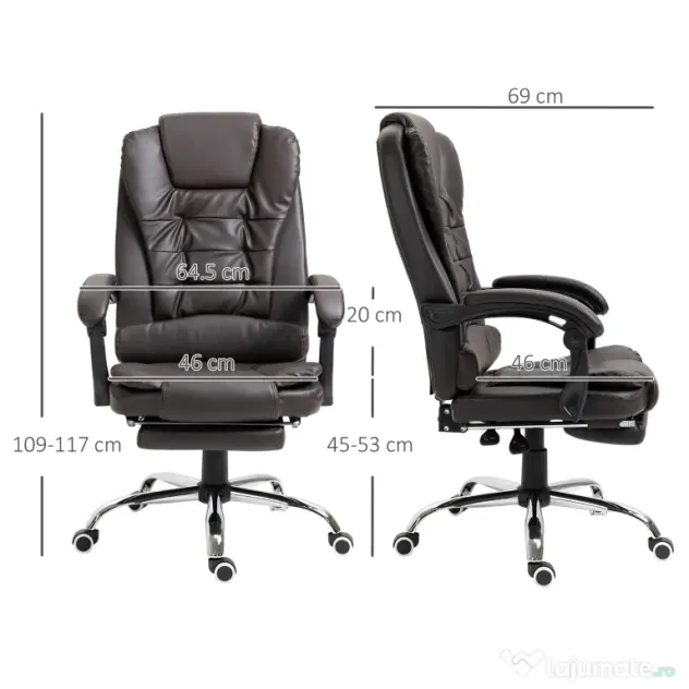 HOMCOM Fotoliu de Birou Rotativ cu Spătar și Înălțime Reglabilă și Suport pentru Picioare, 64,5x69x117 cm, Maro | Aosom Romania