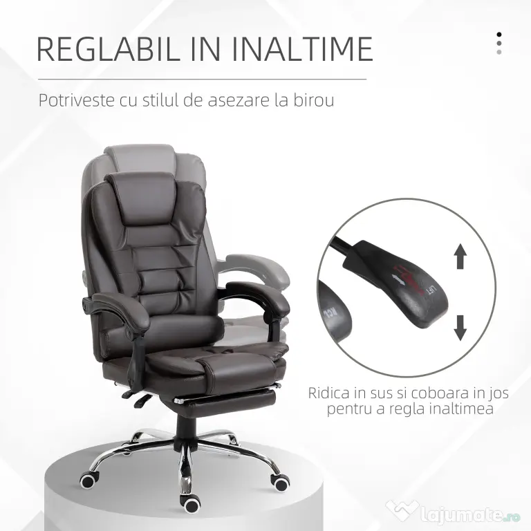 HOMCOM Fotoliu de Birou Rotativ cu Spătar și Înălțime Reglabilă și Suport pentru Picioare, 64,5x69x117 cm, Maro | Aosom Romania