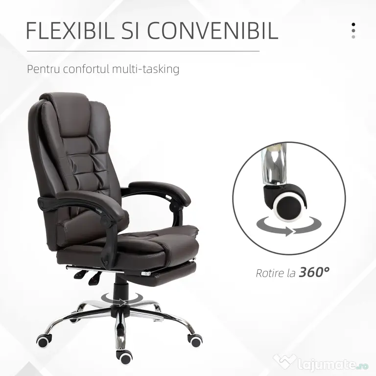 HOMCOM Fotoliu de Birou Rotativ cu Spătar și Înălțime Reglabilă și Suport pentru Picioare, 64,5x69x117 cm, Maro | Aosom Romania