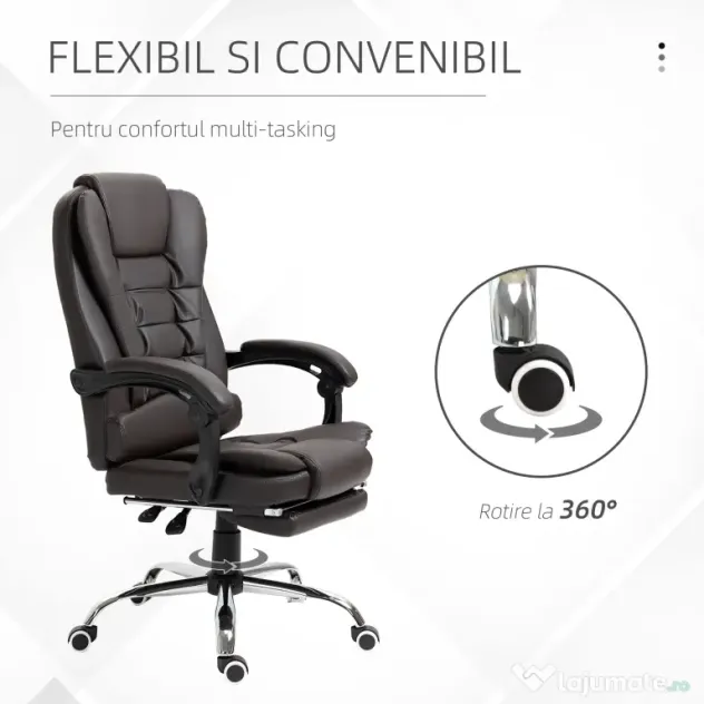 HOMCOM Fotoliu de Birou Rotativ cu Spătar și Înălțime Reglabilă și Suport pentru Picioare, 64,5x69x117 cm, Maro | Aosom Romania