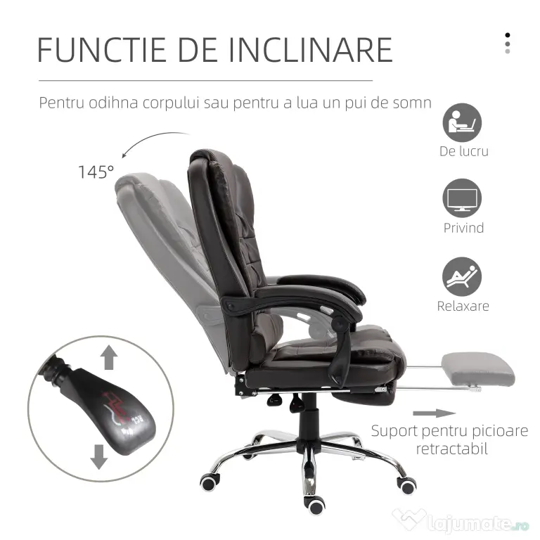 HOMCOM Fotoliu de Birou Rotativ cu Spătar și Înălțime Reglabilă și Suport pentru Picioare, 64,5x69x117 cm, Maro | Aosom Romania