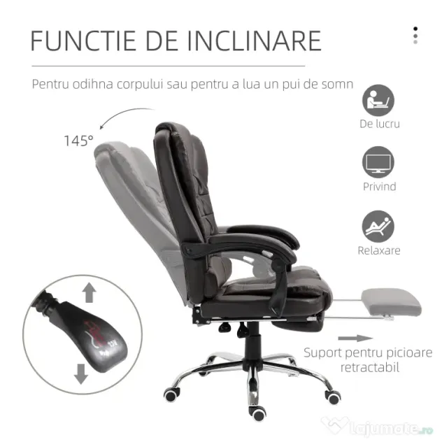 HOMCOM Fotoliu de Birou Rotativ cu Spătar și Înălțime Reglabilă și Suport pentru Picioare, 64,5x69x117 cm, Maro | Aosom Romania