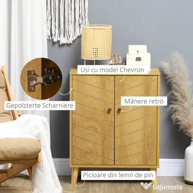 HOMCOM Dulap Vintage cu Uși Chevron Duble și Picioare din Lemn de Pin, Efect de Lemn Natural, Design Retro | Aosom Romania
