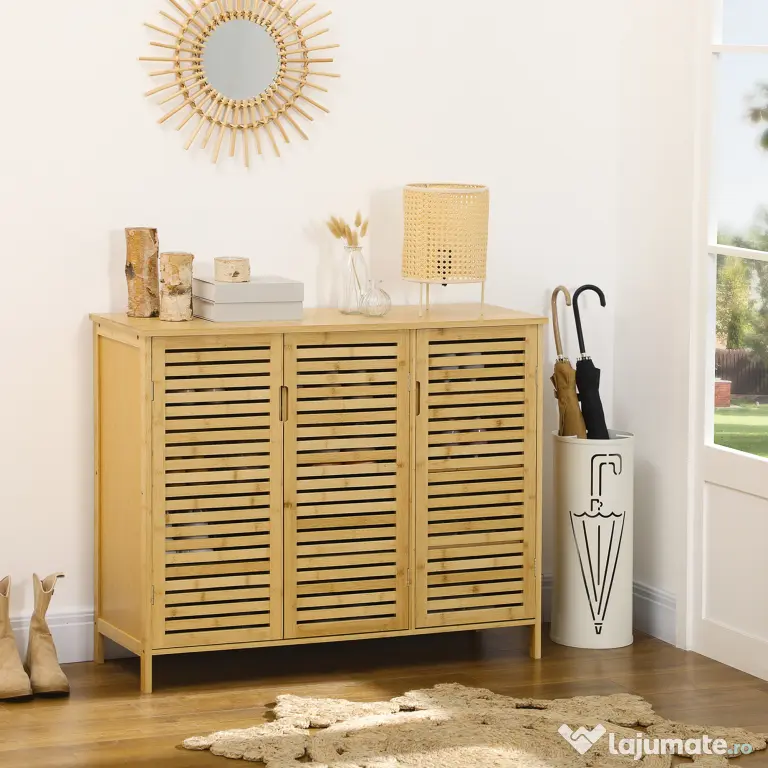 HOMCOM Suport pentru Încălțăminte, Dulap Mobil cu 8 Rafturi, Comodă pentru Încălțăminte, 100x35x80 cm, Lemn Natural | Aosom Romania
