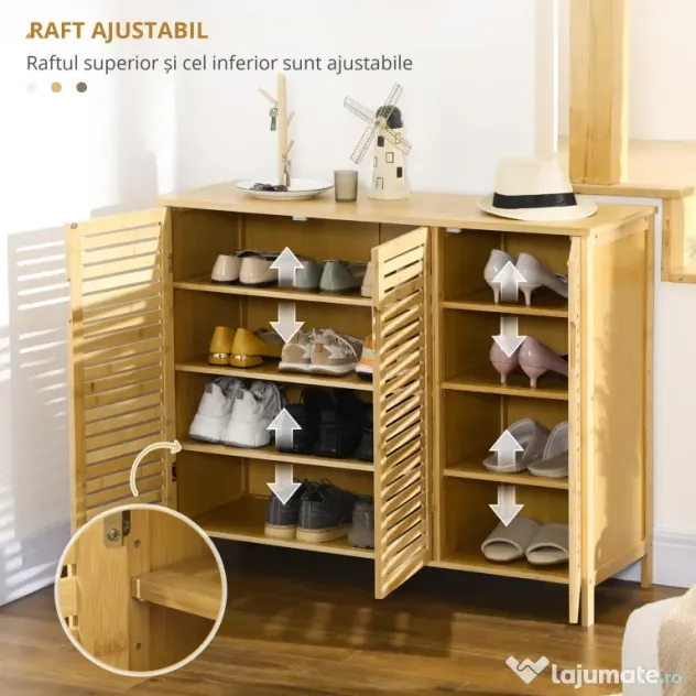HOMCOM Suport pentru Încălțăminte, Dulap Mobil cu 8 Rafturi, Comodă pentru Încălțăminte, 100x35x80 cm, Lemn Natural | Aosom Romania