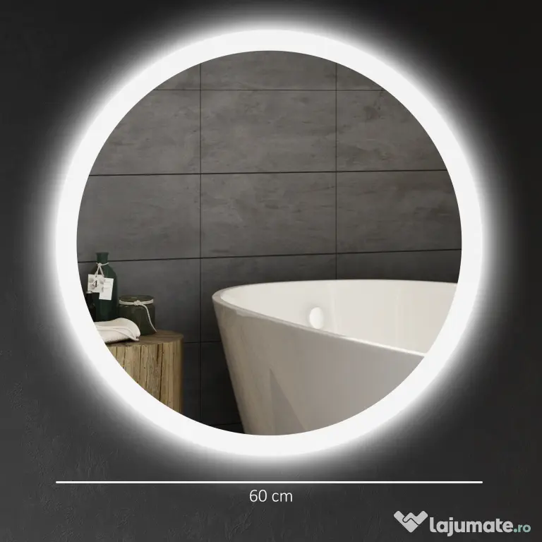 kleankin Oglindă de Baie cu Lumină LED Reglabilă, Întrerupător Tactil, și Funcție de Memorie, Ø60x3 cm, Transparent | Aosom Romania