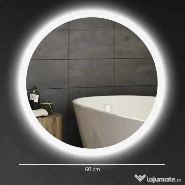 kleankin Oglindă de Baie cu Lumină LED Reglabilă, Întrerupător Tactil, și Funcție de Memorie, Ø60x3 cm, Transparent | Aosom Romania
