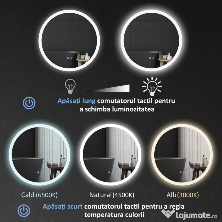 kleankin Oglindă de Baie cu Lumină LED Reglabilă, Întrerupător Tactil, și Funcție de Memorie, Ø60x3 cm, Transparent | Aosom Romania