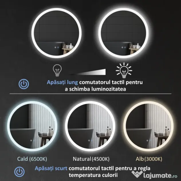 kleankin Oglindă de Baie cu Lumină LED Reglabilă, Întrerupător Tactil, și Funcție de Memorie, Ø60x3 cm, Transparent | Aosom Romania