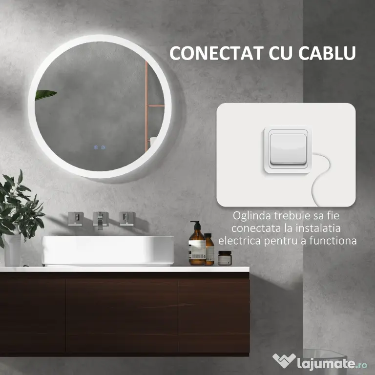 kleankin Oglindă de Baie cu Lumină LED Reglabilă, Întrerupător Tactil, și Funcție de Memorie, Ø60x3 cm, Transparent | Aosom Romania